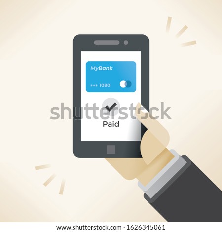 Mobile contactless payment and digital wallet service application smartphone screen and Paid text successful transaction completed. Concept: innovations, purchases, Apple, Samsung, Google Pay shopping