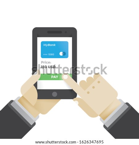 Payment of order. Mobile purchases and digital wallet service application on phone screen in businessman hands. Concept: new innovations and technologies for contactless payments in modern business.