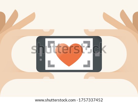 Cupid taking photo of loving heart. Abstract illustration of photographer with mobile phone camera. Concepts wedding video photos, honeymoon, engagement, valentines day celebration, love at first sign