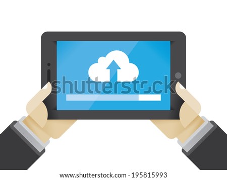 Cloud computing (Google drive, Dropboх) server file uploading tablet. Businessman hands. Concepts: hosting, sharing, online music movies, data documents, photo storage, virtual Internet web databases