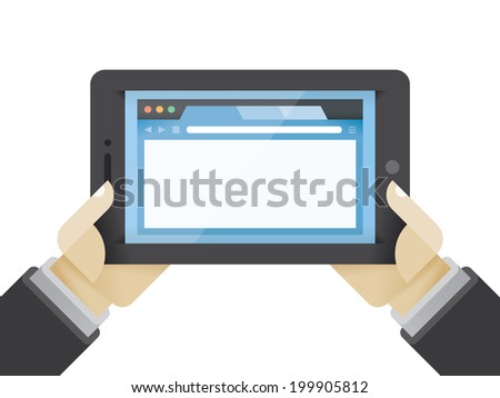 Businessman hands holding tablet computer with internet browser on the screen with copy space for your text