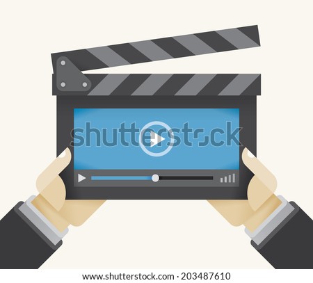 Movie clapper board with abstract video player window in director's hands. Concepts: Online films, Youtube, Instagram, Cloud computing movies database, Mobile streaming, Advertisement, Advertising.