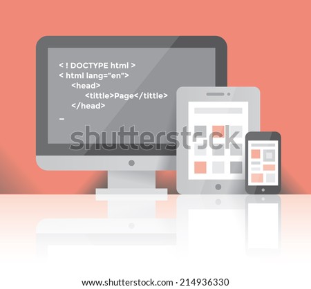 Computer, tablet and mobile phone and HTML source code application screen. Cross platform programming development, Javascript, Python, PHP, C++, Perl, Swift, Go languages, operating systems concepts