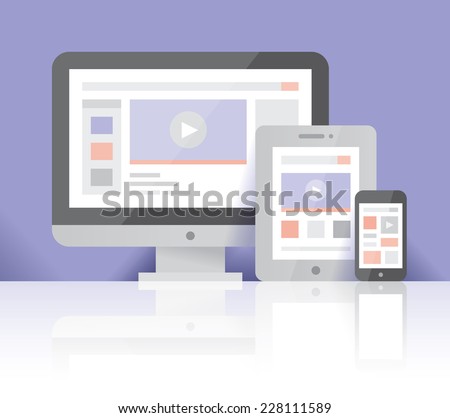 Computer, tablet, mobile phone internet video / movies on screen. Concepts: Youtube, Netflix, streaming films tv broadcasting, news, Cloud computing, Online collection, content provider, HD television