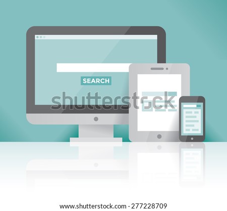 Desktop computer, tablet, mobile phone search web browser site page. Concepts: Google Chrome, Mozilla Firefox, Opera, Explorer, Bing, Internet Search services, Cross Platform Application Development