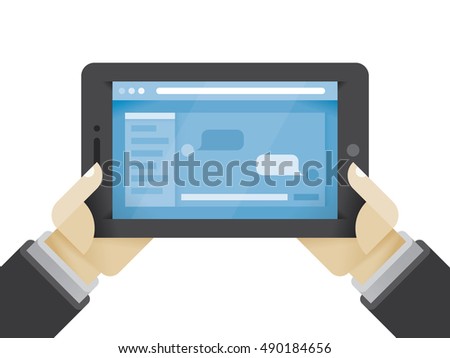 Businessman hands holding tablet computer with social network messages chat on the screen. Idea - Social networking in modern business