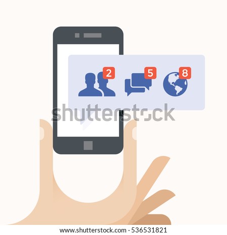 Human hand holding mobile phone with social network notification on screen. Concepts: Social media services like Facebook addiction etc.