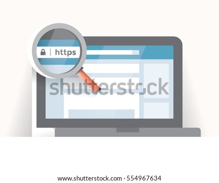 Laptop computer secured https web address screen. Concepts: Internet security, anonymity, shopping personal information data protection, VPN, firewall, guard, privacy, safety, software, Google Chrome