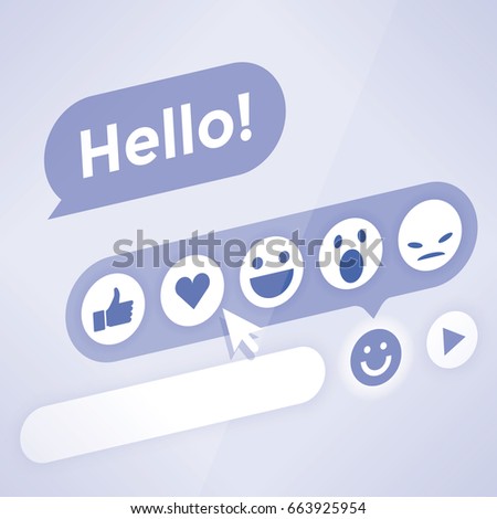 Social network chat message Hello! with emoticons buttons - thumbs up, heart, smile and mouse cursor. Idea - Online messaging and relationships.