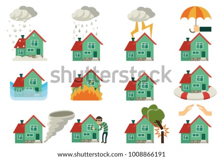 Vector flat house insurance concepts set. House being damaged by robbery, wind, rain, lighting fire, snow, tornado hurricane or whirlwind, by flood and falling tree. Natural disaster insurance scenes