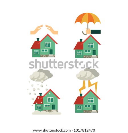 Vector flat house insurance concept set. House being damaged by wind, pouring rain, lighting. Hands, umbrella protecting house. Natural disaster insurance scene. Isolated illustration white background