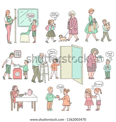 Vector well-behaved boys, girls with good manners, politeness set. Young people helping adults, expressing manners. Decenity and urbanity of children concept.