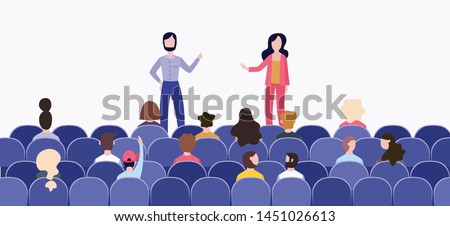 Speech before an audience in the hall on stage. Two business speakers or trainers, a man with a beard and a woman with long hair at the conference speak to an audience, flat vector illustration.