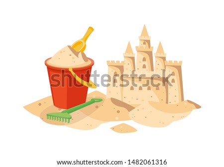 Cartoon beach sandcastle and red plastic bucket filled with sand - yellow shovel and green rake lying next to cute castle, children's summer toys - isolated vector illustration