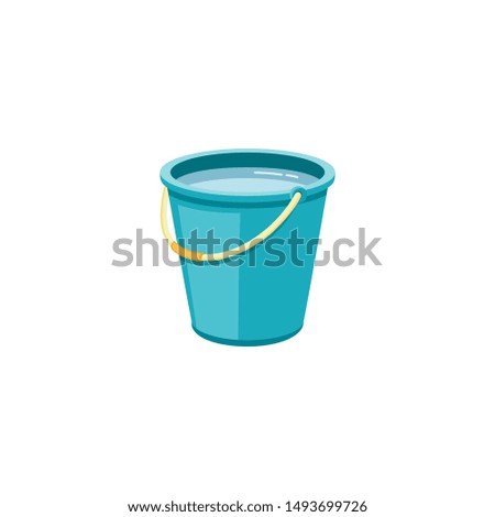 Plastic blue bucket with water for household cleaning and home washing. Plastic bucket, pail and container with handle, household equipment. Isolated vector cartoon illustration.