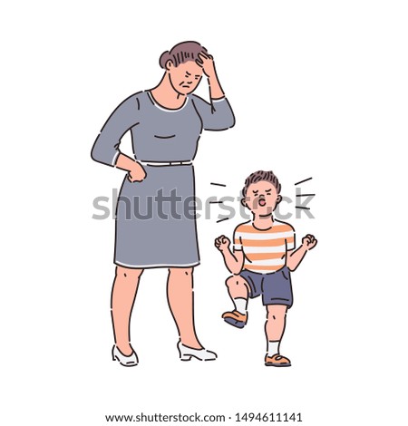 Family conflict - child throwing tantrum at tired mother. Sad parent angry at naughty kid with bad behavior, cartoon sketch style hand drawn vector illustration isolated on white background.