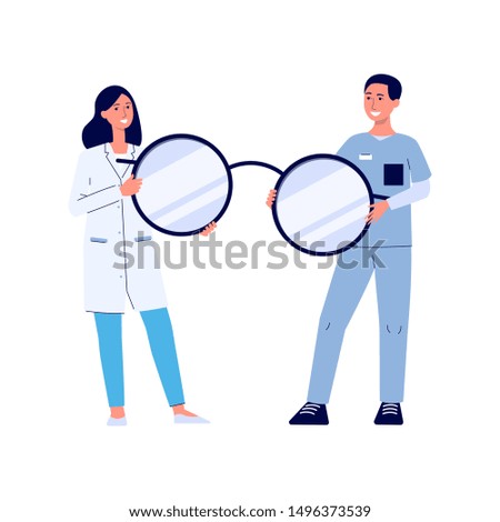 Eye doctor woman and male nurse holding a giant pair of glasses and smiling, happy medical professional people with optometrist equipment - isolated flat vector illustration