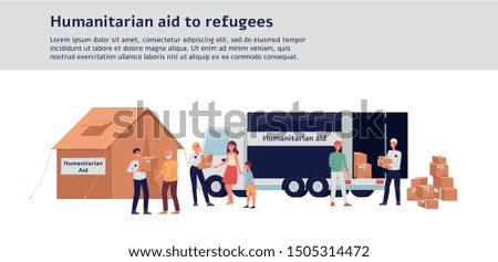 Humanitarian aid to refugees - charity donation camp tent and truck with cardboard boxes, cartoon volunteers giving help to poor people. Isolated flat vector illustration.