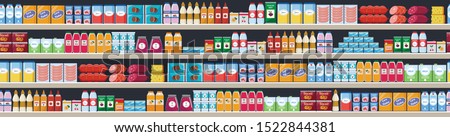 Grocery items and products assortiment on the supermarket shelves and offers vector flat cartoon seamless background illustration. Shopping and food retail concept. Photo stock © 