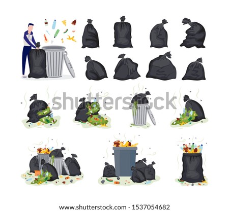 Set of garbage topic items - plastic bags, stinky rubbish and man cartoon character throws garbage into trash can, flat vector illustration isolated on white background.