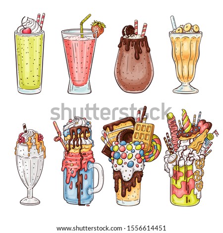 Colorful milkshake drawing set from healthy berry drink to crazy candy sweets overload cocktails with waffles, ice cream and overflowing toppings - isolated vector illustration