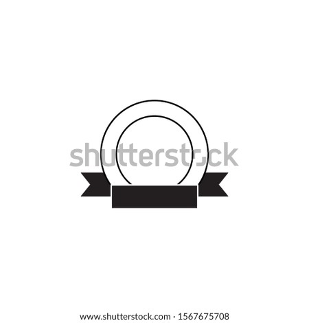 Blank circle badge template with empty ribbon flag decoration on bottom. Double round stamp with copy space isolated on white background - vector illustration.