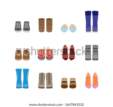 Set of cartoon fashion boots and shoes icons, flat vector illustration isolated on white background. Walking casual and festive footwear symbols collection.