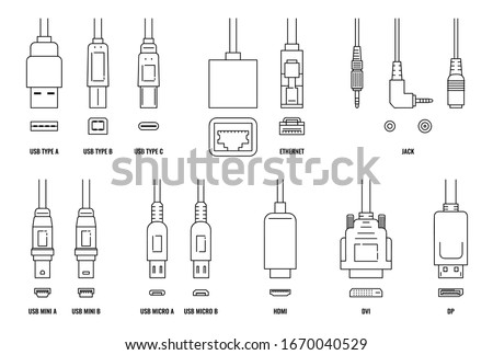 USB, HDMI, ethernet and other cable and port icon set isolated on white background. Line icons of connection plugs and sockets - flat vector illustration. Imagine de stoc © 