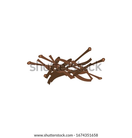 Messy firewood sticks in random pile - brown brushwood drawing prepared for bonfire kindling, small pieces of wood timber isolated on white background. Flat cartoon vector illustration