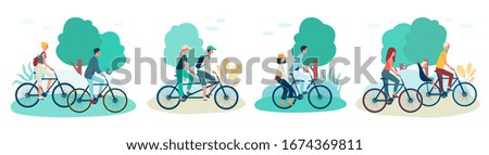 Cartoon couples riding bicycle on summer park, young man and woman on different types of bike - separate, tandem, shared and baby seat. Flat isolated vector illustration set.