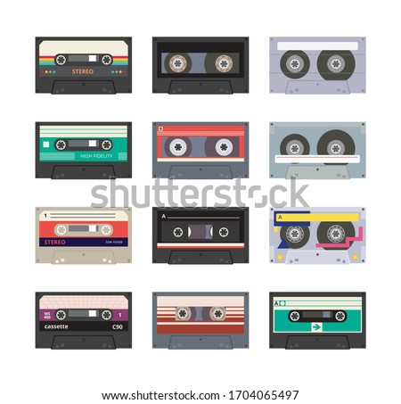 Set of sound stereo recorder tape or retro analogue music cassette from 80s - 90s ages colorful icons, flat vector illustration isolated on white background.