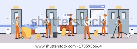 Cleaner service team cleaning floors and walls in office or hospital corridor - cartoon people in uniform using equipment to clean up in business building. Vector illustration.