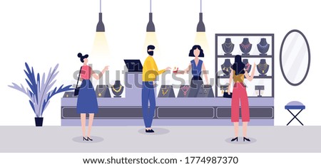 Jewelry store interior - jewellery seller and buyers at luxury necklace and engagement ring stand. Cartoon people at accessories shop - vector illustration.