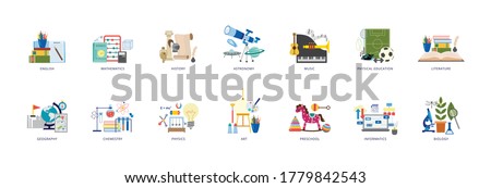 Education icons of school lesson subjects set of flat vector illustration isolated on white background. School and preschool classes symbols and signs bundle. Foto stock © 