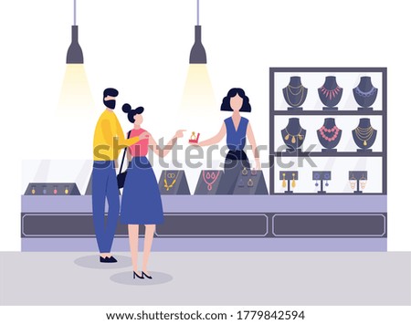 Jewellery shop with seller behind counter and couple buying jewelries, flat vector illustration. Characters of people purchasing gold in jewelry store or pawnshop.