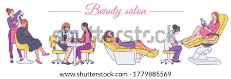 A set of treatments at a spa or beauty salon. Women relax and get services to take care of their appearance. Vector banner with the inscription Beauty Salon. Linear illustration.