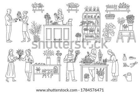 Flower shop - flowers and plants in pots, bouquets for holidays and anniversaries. Florists sell plants and bouquets making flower compositions. Vector sketch illustrations.