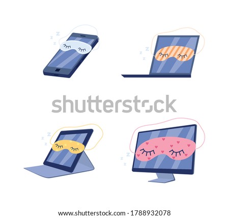 Gadgets in sleeping masks, isolated set of funny cartoon electronic devices - smartphone, laptop, tablet and monitor in hibernation mode, vector illustration.