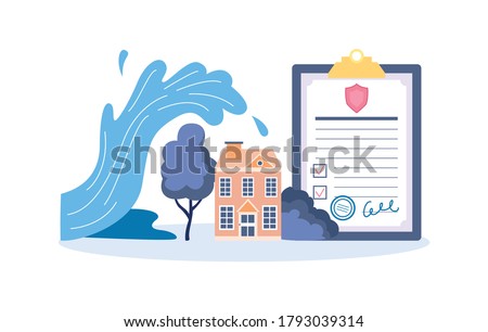 Property and home insurance against floods and natural disasters banner with house and insurance policy document, flat vector illustration isolated on white background.