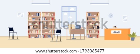 Public library interior background with bookshelves and counter of librarian, flat vector illustration. Town or university library with book storage cases.