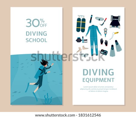 Design of two cards or certificates for scuba diving school with diving equipment. 30 percent off underwater sport, summer leisure or hobby. Vector flat Illustration.