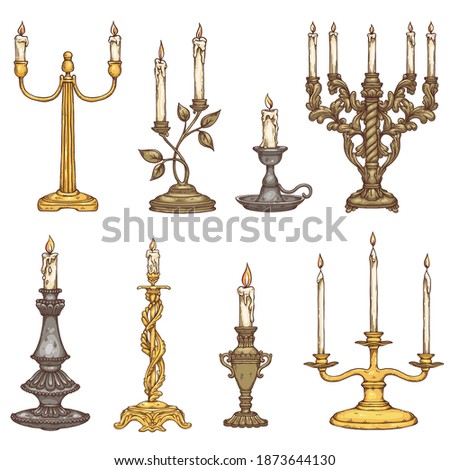 Set of candles in vintage old metal candlesticks. Antique candle holders and retro candelabrums with flame of candlelight. Vector sketch isolated illustrations.