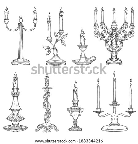 Candles in vintage old candlesticks. Antique candle holders and retro candelabrums with candlelight in line art style. Set of vector sketch illustrations on a white background.