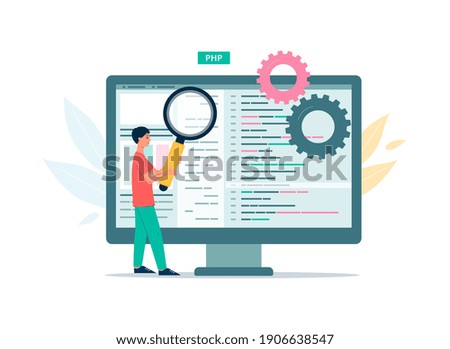 Code testing technology, web programming, application development and debugging. The programmer looks for bugs and errors and does data analysis. Vector flat illustration.