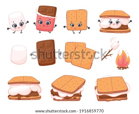Scheme of smore sweet children dessert preparing, cartoon vector illustration isolated on white background. Sweet sandwiches from chocolate and marshmallow.