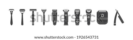 Set of icons of shavers and shaving razors, cartoon vector illustration isolated on white background. Male shaving tools black minimalist symbols collection.