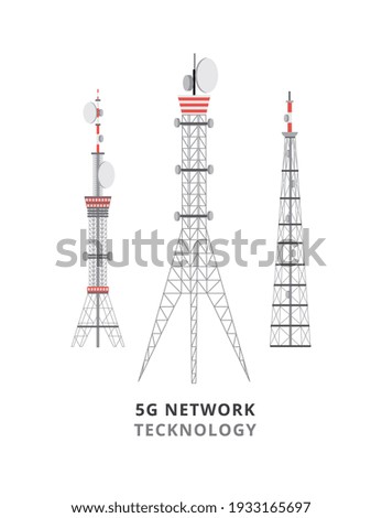 5G network technology banner with telecommunication towers, flat vector illustration isolated on white background. 5G connection and transmission technology.