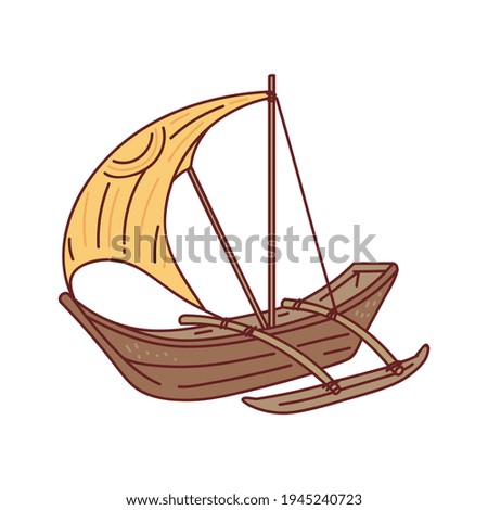 Brown wooden boat with yellow sail isolated on white background