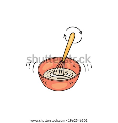 Mixing of ingredients with whisk in kitchen bowl. Step of recipe cooking homemade sweet dough for pancakes. Vector illustration isolated on white.