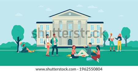 Background with groups of students in front of college campus building, flat vector illustration. College or university campus backdrop template with young people.